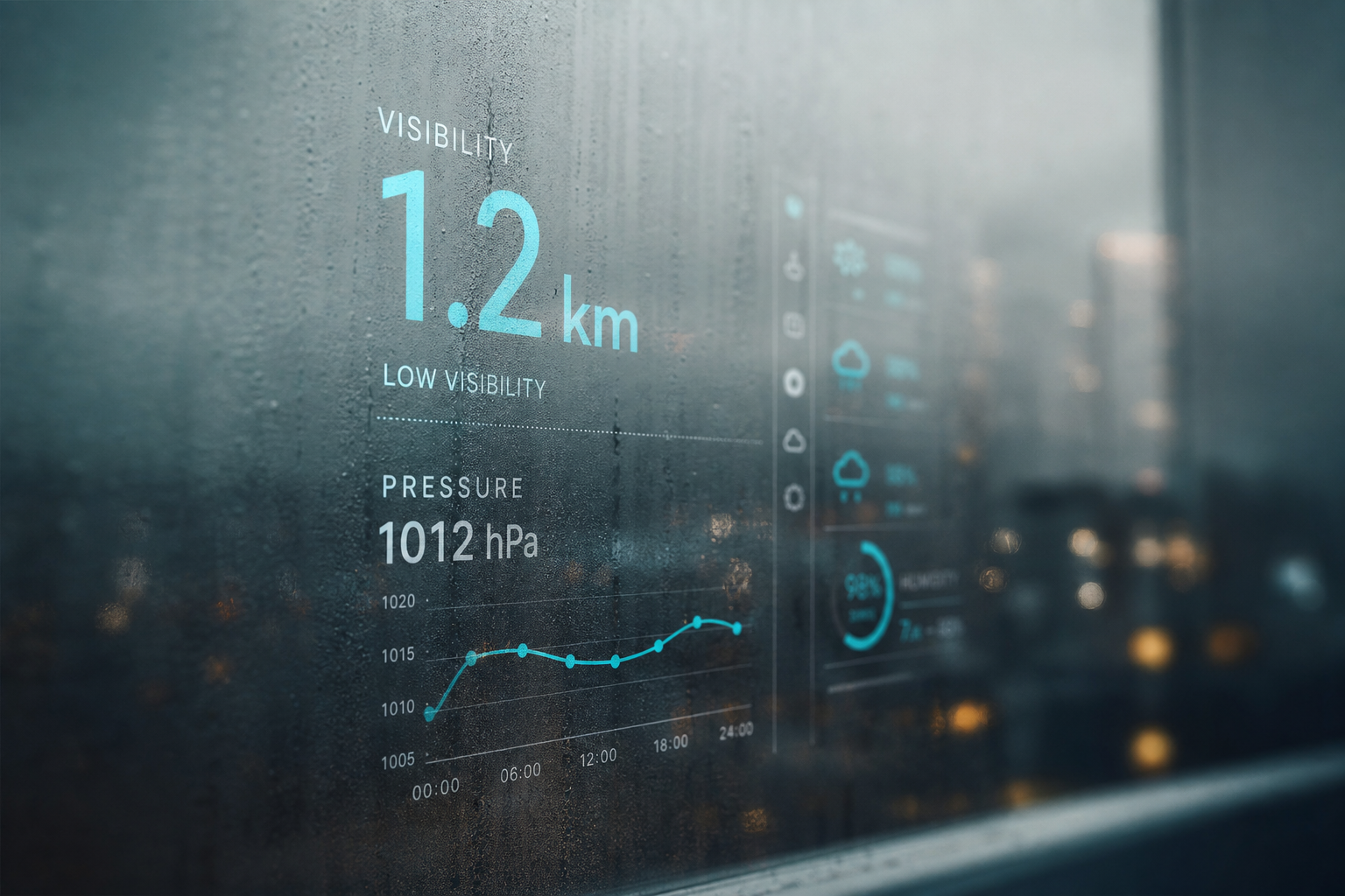 Fogged glass IoT dashboard reflection showing visibility markers and pressure readings