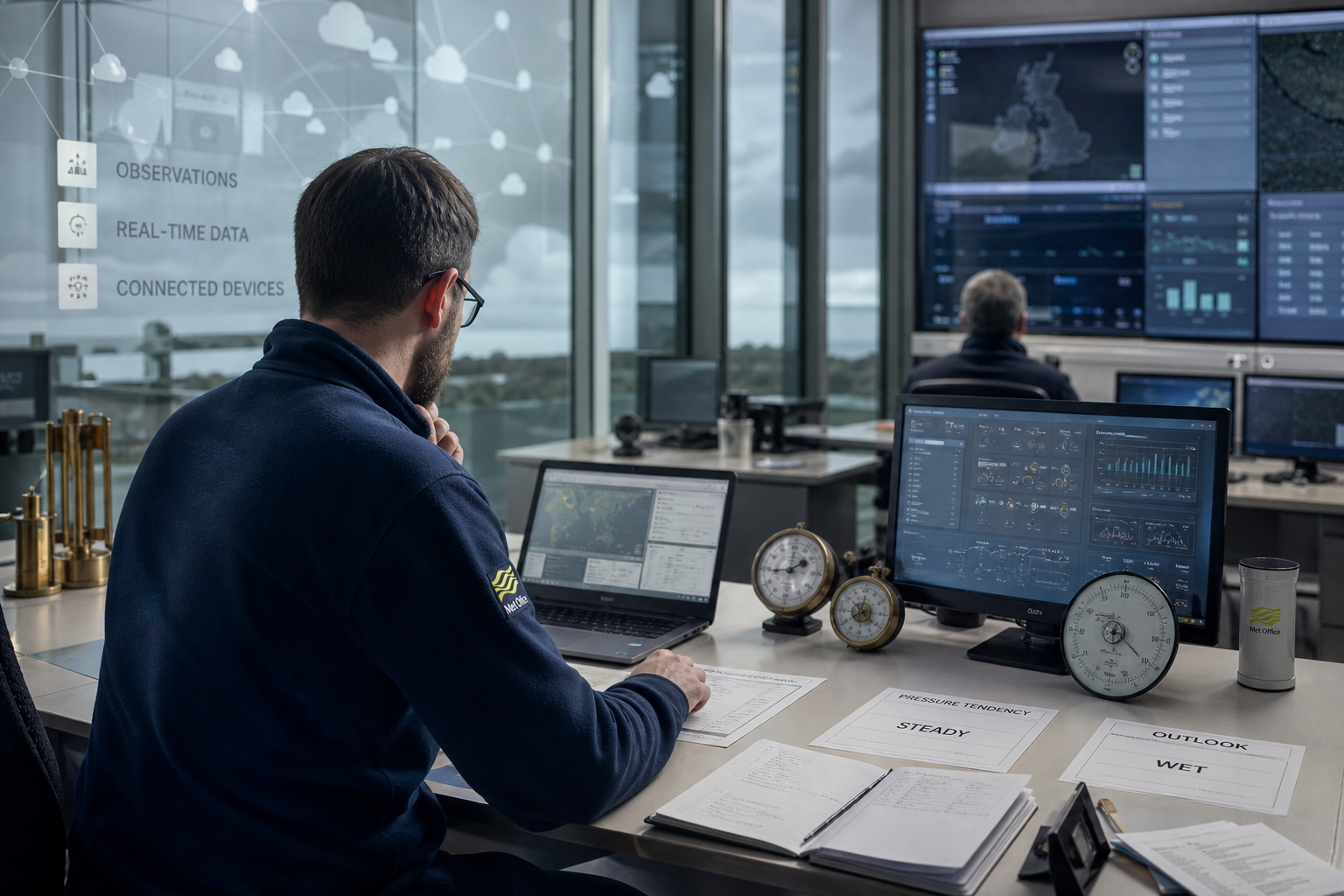 IoT forecast desk with connected device dashboards and pressure observation cards at FORDOX AI LTD