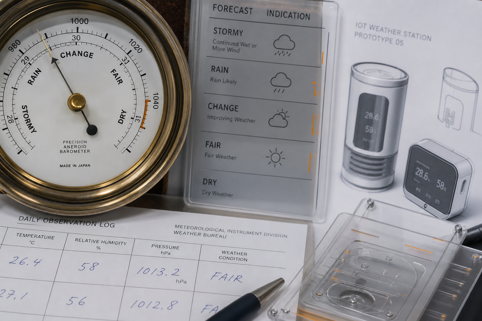 Barometer instruments and IoT pressure cards showing device observation standards